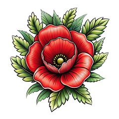 A vibrant red poppy flower with detailed petals and green foliage
