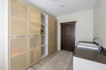 A bright, modern room features a built-in wardrobe with frosted doors, open shelves, a dark wood door, and a sink countertop. A soft, shaggy rug adds warmth