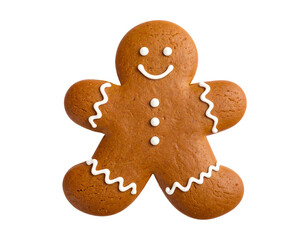 Gingerbread man cookie with white icing decorations, smiling festive figure baked to golden brown on isolated background
