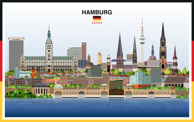 Hamburg city skyline on a gradient beautiful day sky background. Vector illustration