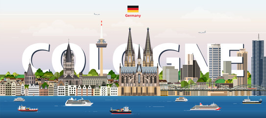 Cologne cityscape colorful vector illustration with a big city name on the background. Travel trendy poster