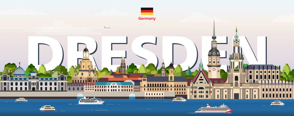 Dresden cityscape colorful vector illustration with a big city name on the background. Travel trendy poster