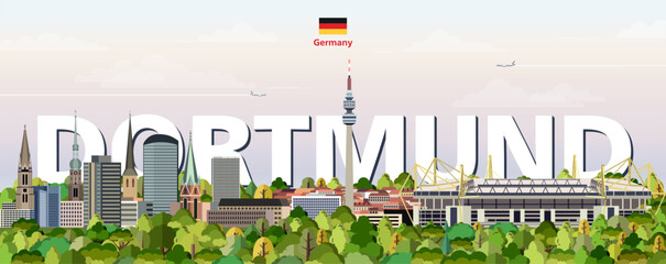 Dortmund cityscape colorful vector illustration with a big city name on the background. Travel trendy poster