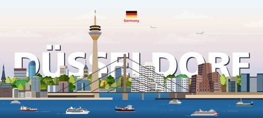 Dusseldorf cityscape colorful vector illustration with a big city name on the background. Travel trendy poster
