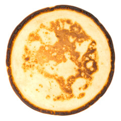 Pancake top view with browned center and burnt ring around the edges, soft porous crumb on isolated background