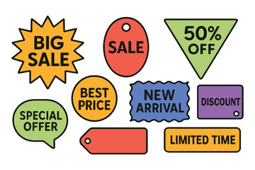 Collection of colorful sale tags and labels for promotions and discounts