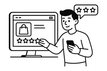 Man giving a five star rating for an online shopping experience on his phone