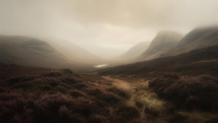 Misty Scottish Highlands valley with winding path leading to serene lake and distant mountains
