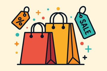 Brightly colored shopping bags with sale and discount tags and sparkles