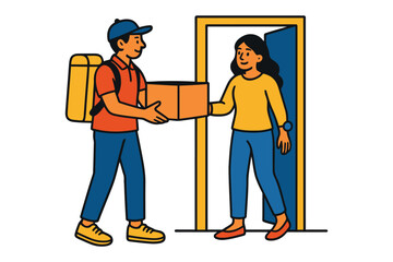 Delivery person hands package to happy woman at her doorstep illustration