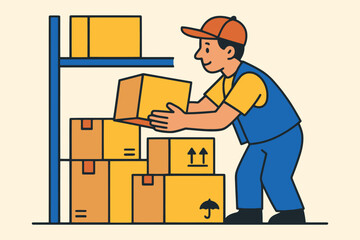 Warehouse worker carefully places a box onto a stack of packages