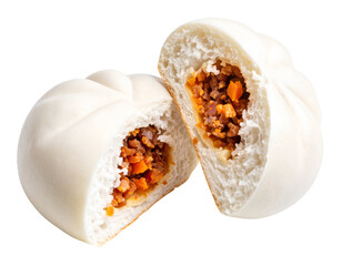 Steamed bao bun split open showing minced pork and carrot filling, fluffy white dough on isolated background