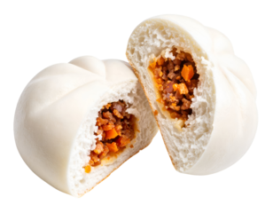 Steamed bao bun split open showing minced pork and carrot filling, fluffy white dough on isolated background
