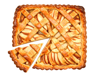 Square apple lattice pie with flaky buttery crust, caramelized fruit filling and one slice cut out, top view on isolated background