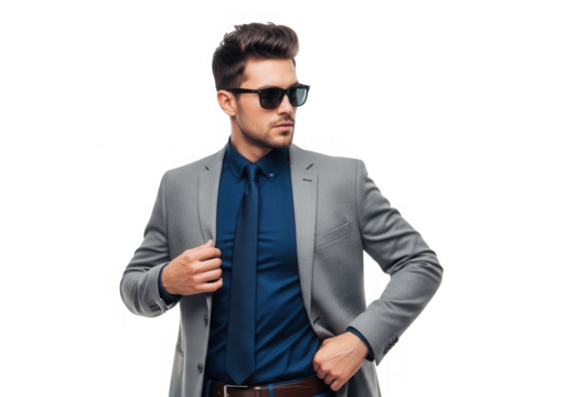 Stylish man in gray suit and sunglasses poses confidently looking away transparent background - Powered by Adobe