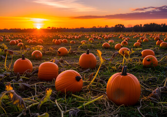 Orange Pumpkins in a Field at Sunset