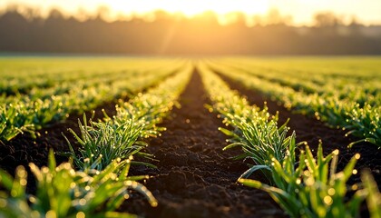 Sunrise over a field of young sprouts