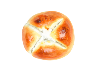 Watercolor illustration of round bread roll with shiny crust and cross cut on top, top view on isolated background