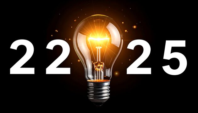 Glowing lightbulb illuminates with bright light amidst the white numbers "22" and "25" on a dark background - Powered by Adobe