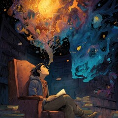 Exploring imagination through reading cozy library digital art dreamlike environment creative perspective