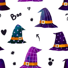 Wizard and witch magic hat seamless pattern. Cartoon hand drawn illustration on isolated background