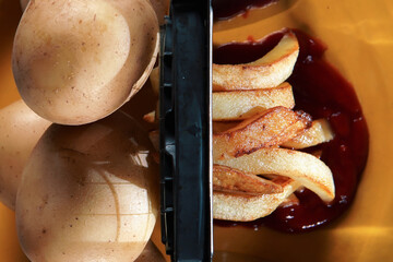 Raw and fried potatoes on a yellow plate, top view close-up