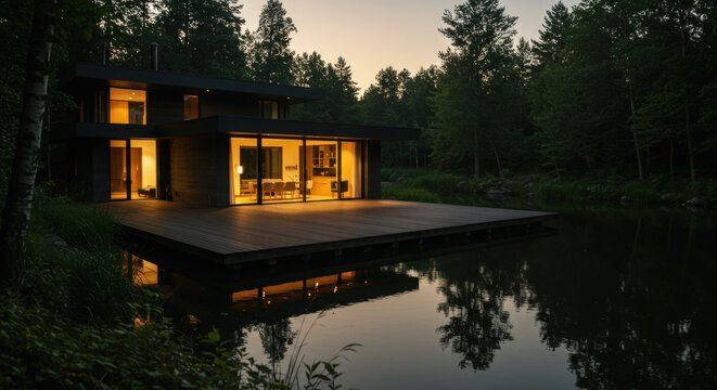 Contemporary two-story cabin reflected in tranquil evening water