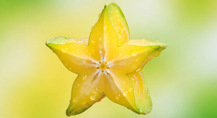 Close-up macro shot of a glistening star fruit, showcasing its unique shape and texture with water droplets, set against a soft green and yellow bokeh background