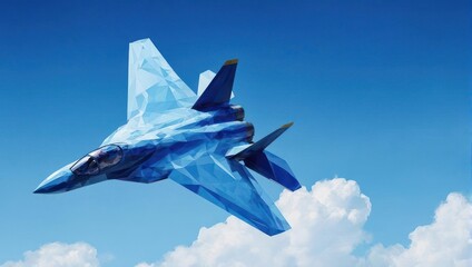 Dynamic low-poly jet soaring through a vibrant blue sky, perfect for modern design projects