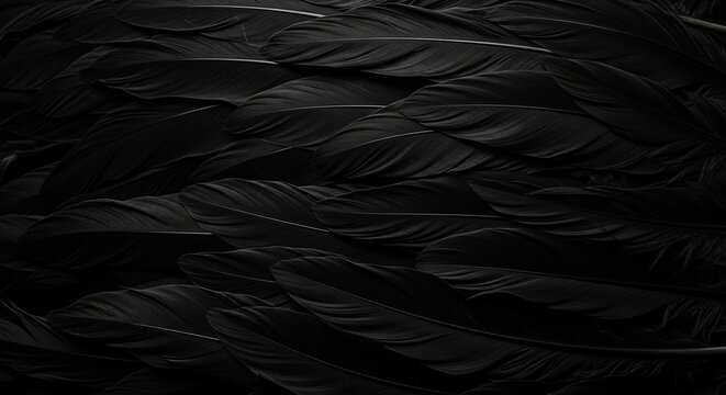 Detailed close-up of dark black bird feathers creating a soft, textured, and luxurious abstract background