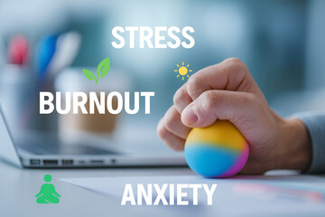 Close-up of hand squeezing a rainbow stress ball with words stress, burnout, and anxiety, symbolizing workplace pressure and mental health struggles.