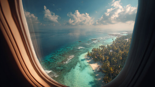 Fototapeta Tropical island paradise seen from airplane window stunning ocean view white sand beach palm trees blue sky fluffy clouds