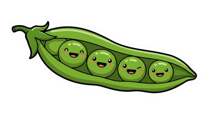 Cartoon green pea pod with smiling peas inside, sticker