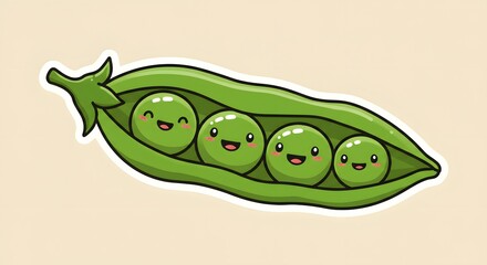 Naklejka premium Cartoon green pea pod with smiling peas inside, sticker