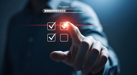Hand Interacting with Holographic Progress Bar and Checkmarks