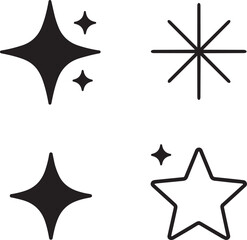 Sparkle star icons, star burst icons, solid sparkle star, line star burst, filled star design, thin stroke star minimal, black vector isolated symbol set