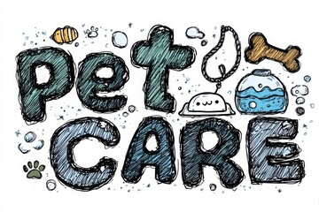Hand-drawn illustration of pet care elements with playful designs, showcasing animals and accessories