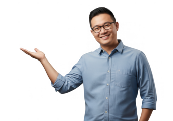 Smiling asian man with glasses presenting with open hand in studio portrait transparent background