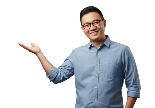 Smiling asian man with glasses presenting with open hand in studio portrait transparent background