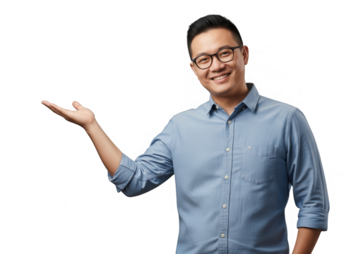Smiling asian man with glasses presenting with open hand in studio portrait transparent background