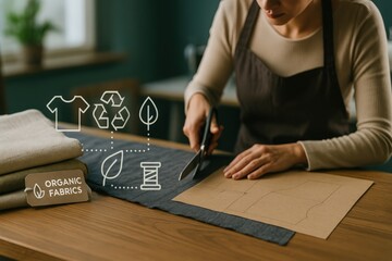 Sustainable fabric cutting workshop eco-friendly studio educational content bright environment close-up view green fashion concepts
