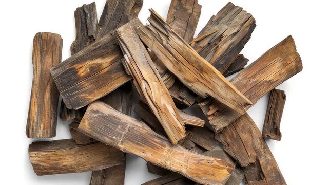 A pile of wooden sticks arranged neatly on a white surface
