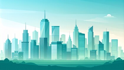 Obraz premium Cityscape illustration with tall buildings and a blue-green color palette.