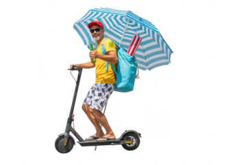 Man rides electric scooter with beach umbrella and cooler on a sunny day outdoor fun transparent background