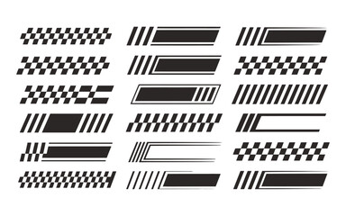 Racing cars and stripes vector set with angled checkered patterns, finish line icons, motocross labels, dynamic lines, sporty decals, motorsport themes, vehicle tuning stickers, and competition graphi