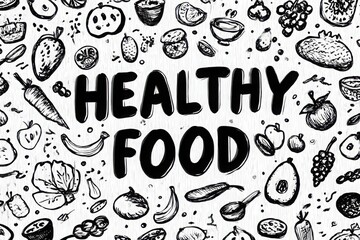 Hand-drawn illustrations of various healthy foods arranged around the phrase 'Healthy Food'