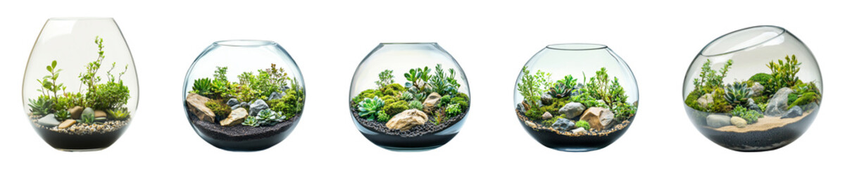 Diverse plant life thrives inside of spherical glass terrariums on transparent background