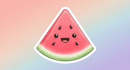 A cute kawaii watermelon slice with a big smile, pastel colors, cartoon style sticker