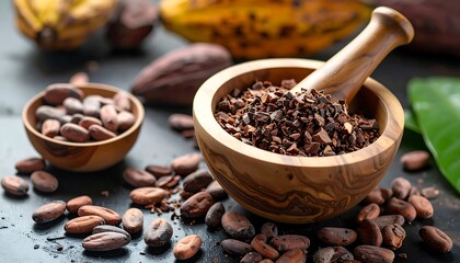 Raw Cacao Nibs in Wooden Mortar and Pestle with Beans