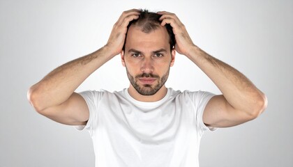 Man Concerned About Hair Loss Touching Head.